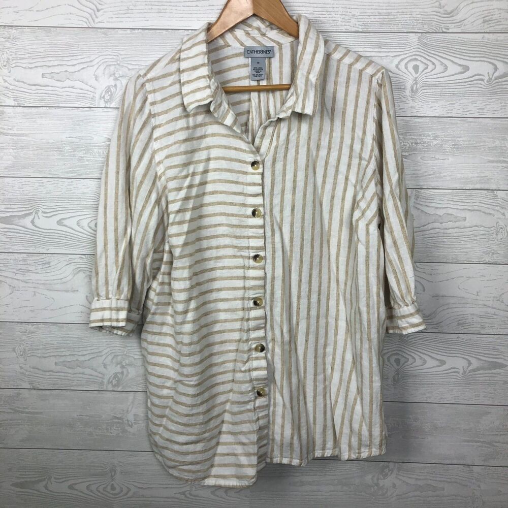 Catherines Women's 1X Linen Blend Striped Button Front Shirt 3/4 Sleeve Collared